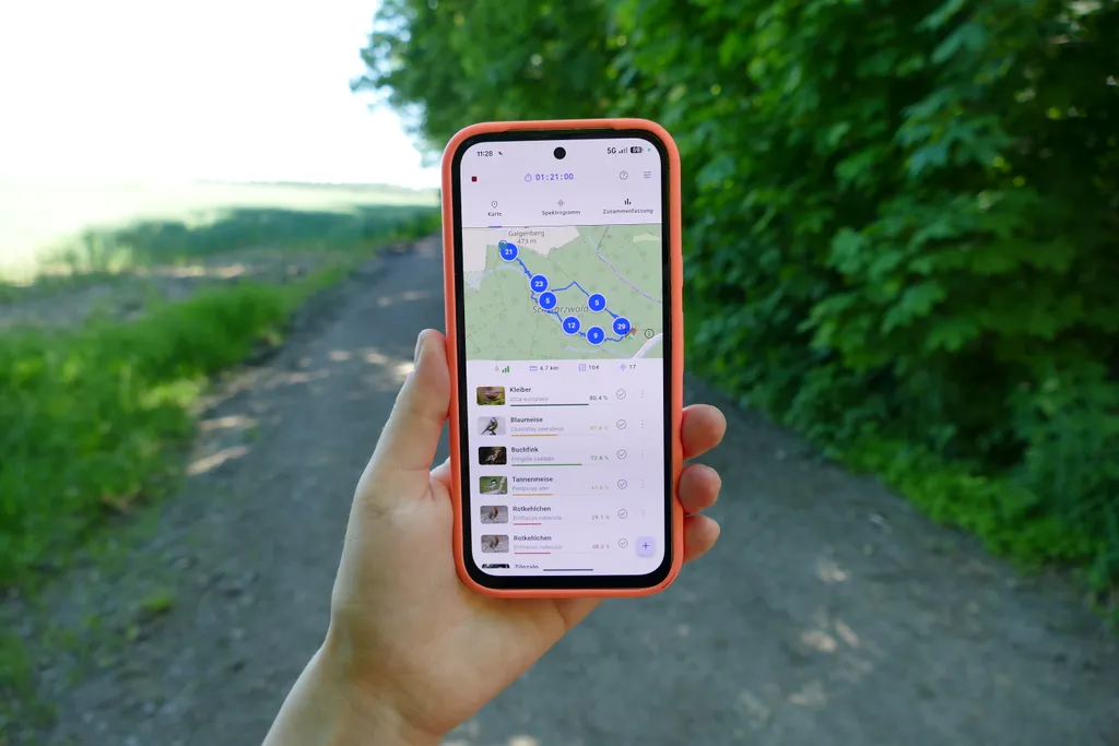 Smartphone mit BirdNET Live App im Survey-Modus.